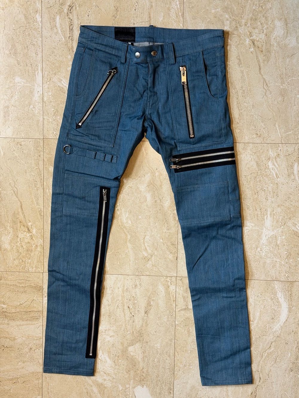 99% IS Blue Bondage Pants Size 2 32 x 31 Unisex Punk Trousers Zippers NWOT